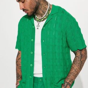 Fashion Nova Men’s Checkmate Short Sleeve Pointelle Shirt - Green
